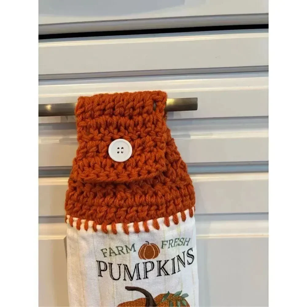 Crochet Top Kitchen Towel-Farm fresh pumpkin open daily white button